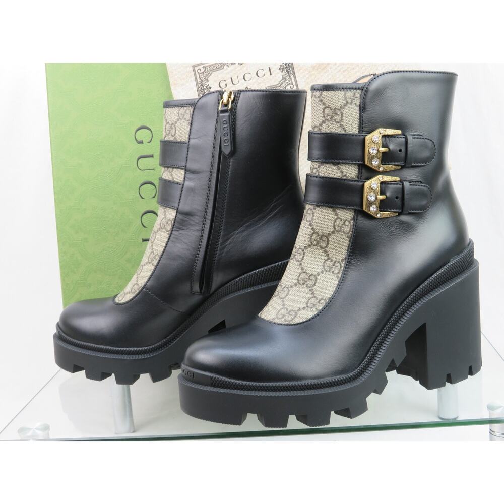 GUCCI SUPREME KENSINNGTON LEATHER LOGO MONOGRAM CRYSTALS BUCKLE SHORT BOOTS 39.5 - Picture 9 of 12